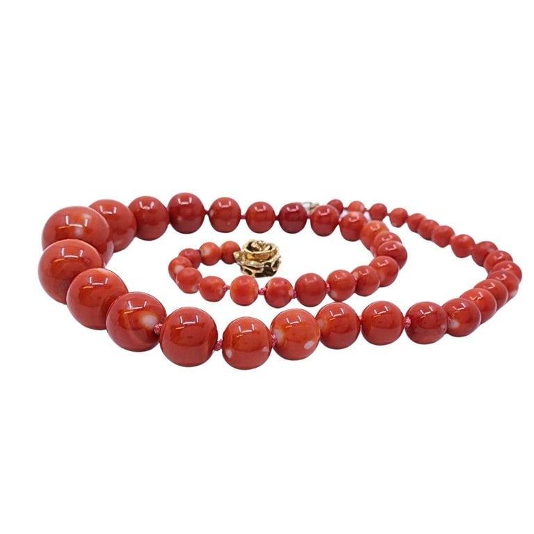 Vintage Graduated Red Coral Bead Necklace 14k Gold Diamond Rose Clasp - 10