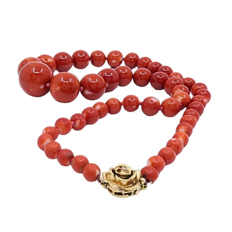Vintage Graduated Red Coral Bead Necklace 14k Gold Diamond Rose Clasp - 6