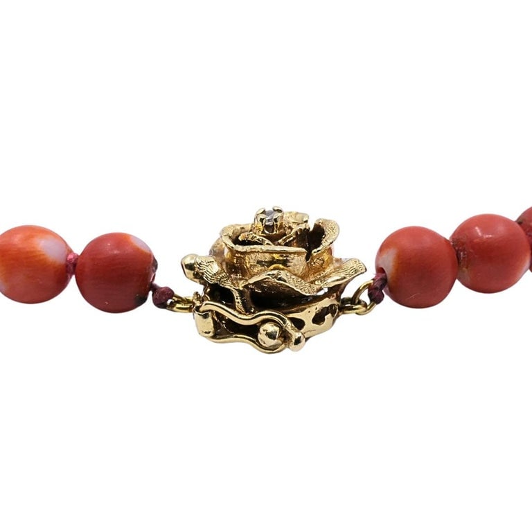 Vintage Graduated Red Coral Bead Necklace 14k Gold Diamond Rose Clasp - 8