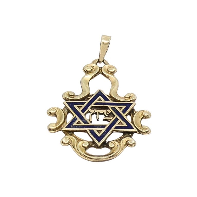 Vintage 14k Gold Blue Enamel Star of David Chai Pendant - 3