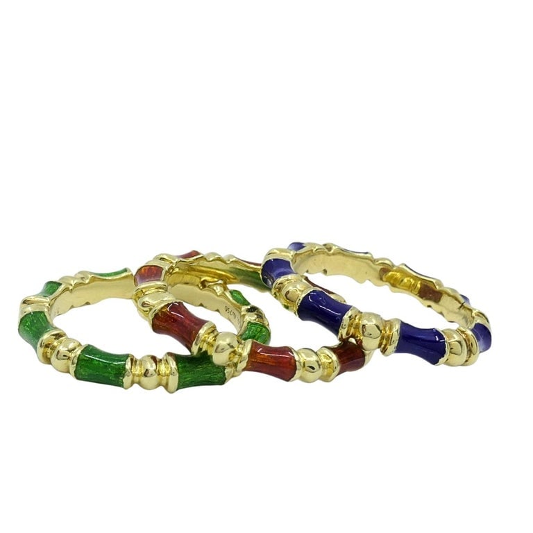 Tiffany & Co. Enamel Bamboo Stacking Rings 18k Yellow Gold Blue Green & Red - 5