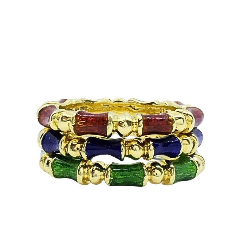 Tiffany & Co. Enamel Bamboo Stacking Rings 18k Yellow Gold Blue Green & Red - 6