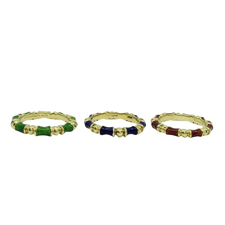 Tiffany & Co. Enamel Bamboo Stacking Rings 18k Yellow Gold Blue Green & Red - 7