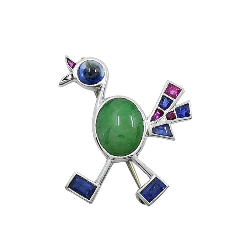 Vintage Modernist 14k White Gold Multigemstone Bird Brooch - 7