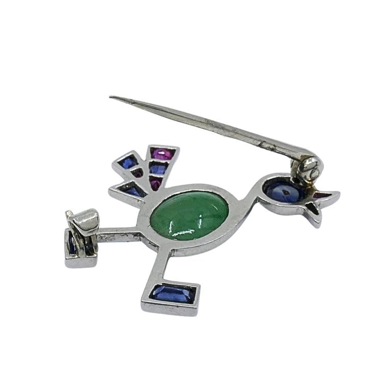 Vintage Modernist 14k White Gold Multigemstone Bird Brooch - 9