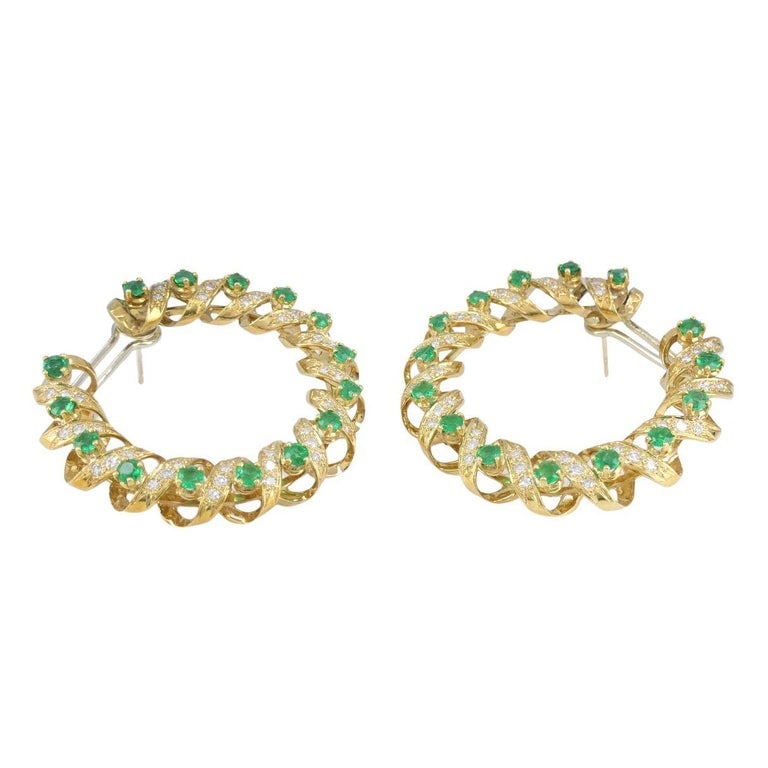 Vintage Asprey & Co. 18k Gold Diamond Emerald Circular Earrings - 5