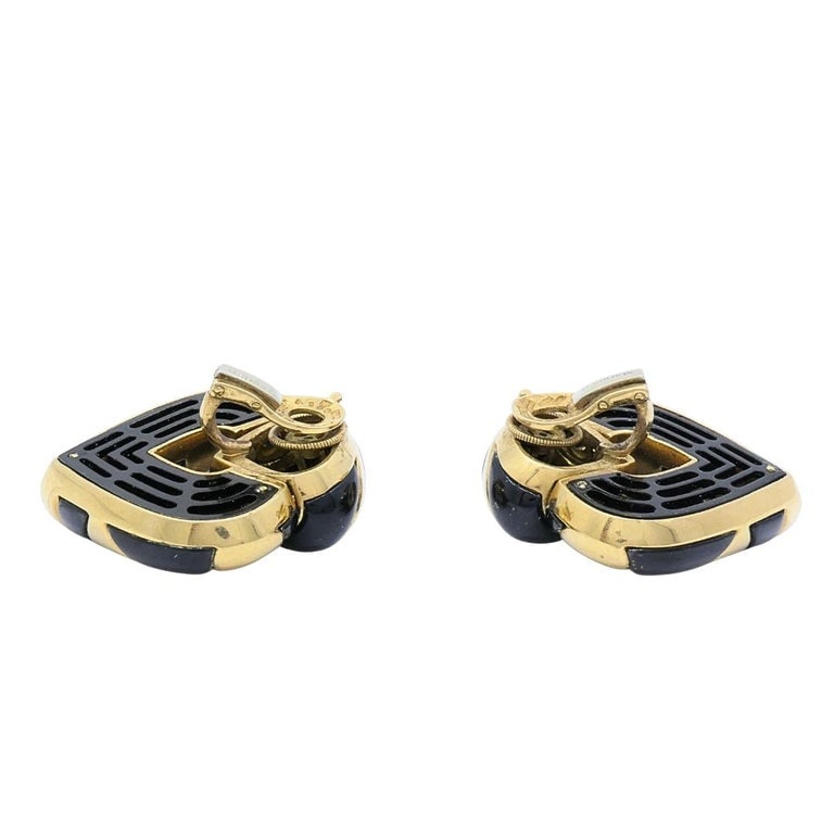 Marina B 18k Gold Black Enamel Heart Earrings Vintage Italian Designer Clip-Ons - 10