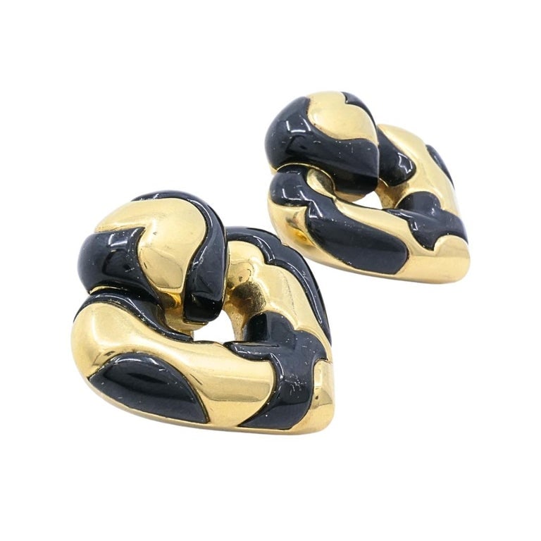 Marina B 18k Gold Black Enamel Heart Earrings Vintage Italian Designer Clip-Ons - 3