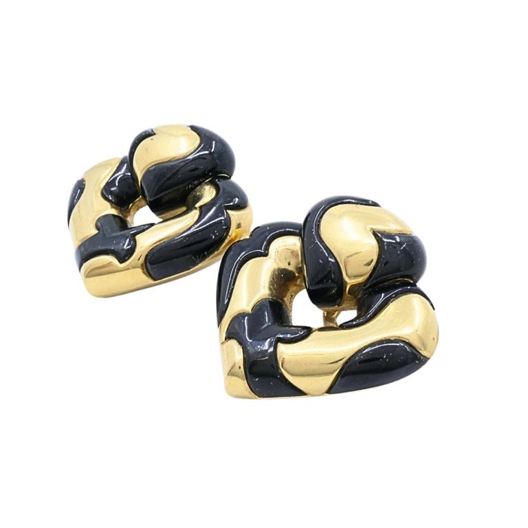 Marina B 18k Gold Black Enamel Heart Earrings Vintage Italian Designer Clip-Ons - 4