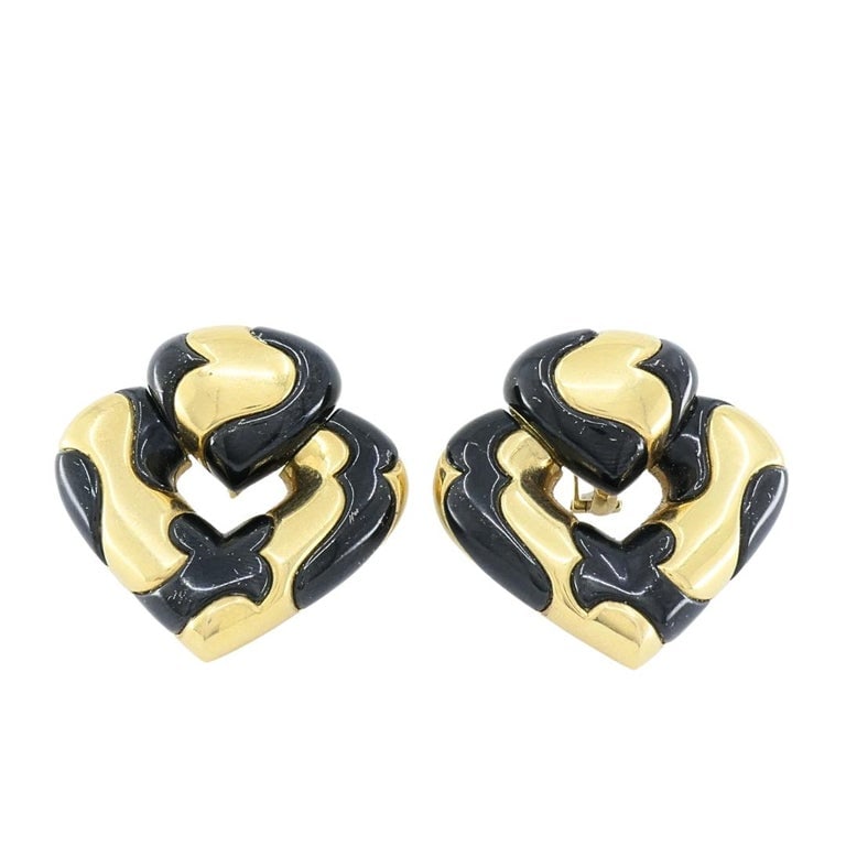 Marina B 18k Gold Black Enamel Heart Earrings Vintage Italian Designer Clip-Ons - 5