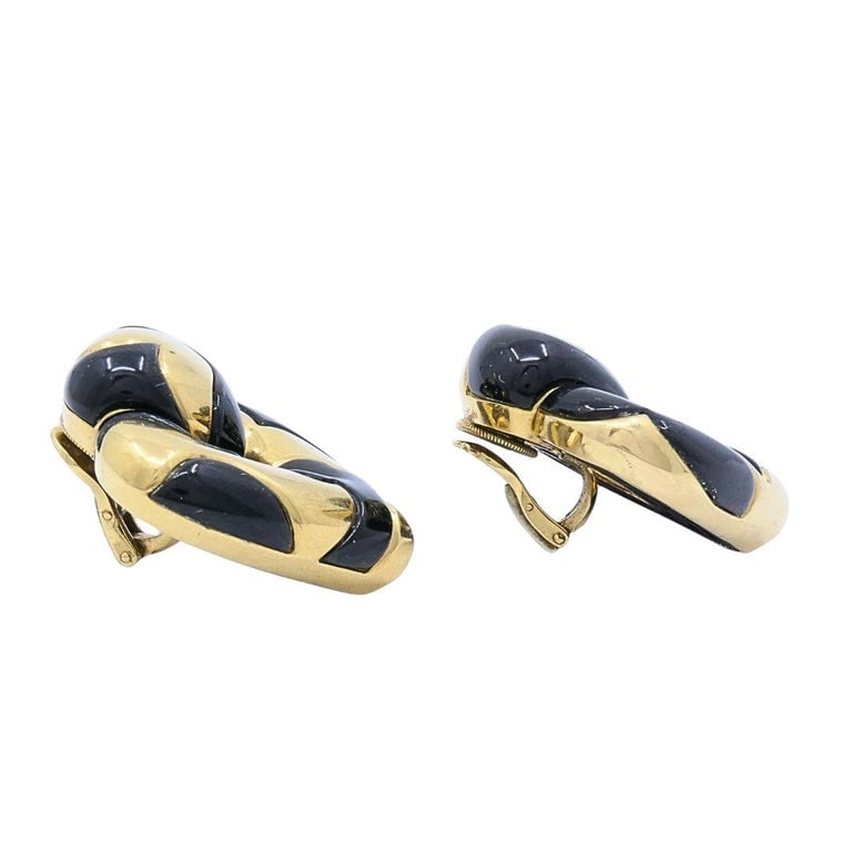 Marina B 18k Gold Black Enamel Heart Earrings Vintage Italian Designer Clip-Ons - 6