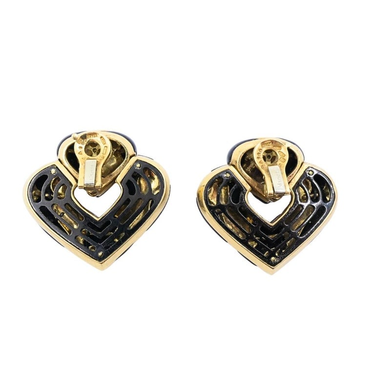 Marina B 18k Gold Black Enamel Heart Earrings Vintage Italian Designer Clip-Ons - 8