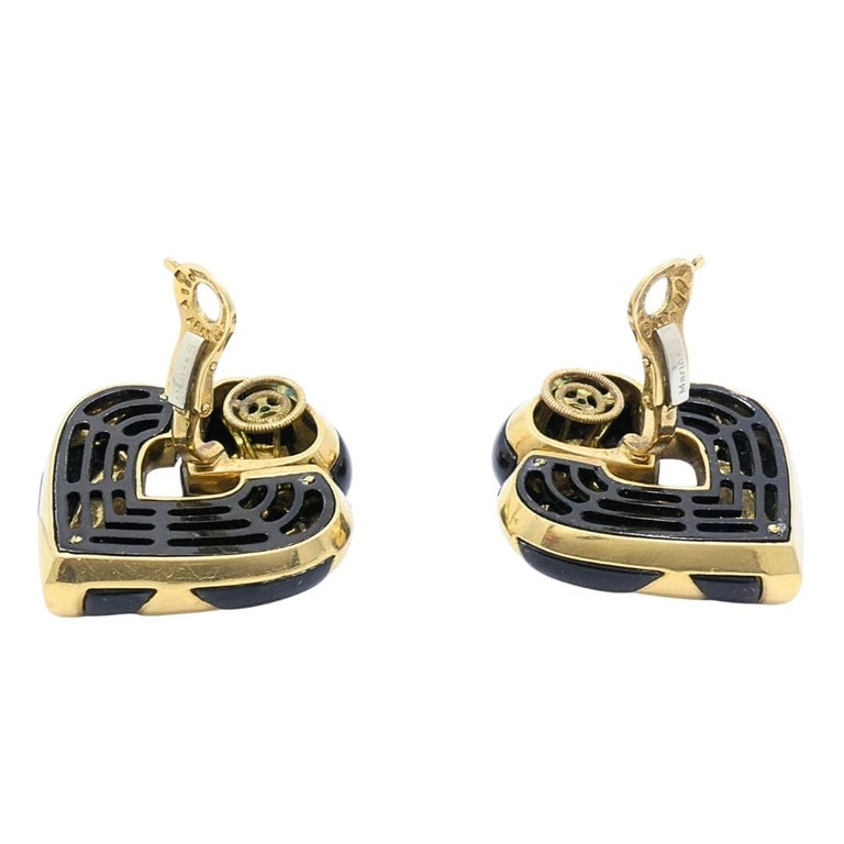 Marina B 18k Gold Black Enamel Heart Earrings Vintage Italian Designer Clip-Ons - 9