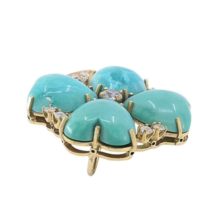 Vintage 14k Gold Turquoise Heart Clover Pendant with Diamonds - 5
