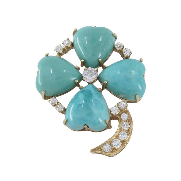 Vintage 14k Gold Turquoise Heart Clover Pendant with Diamonds - 6