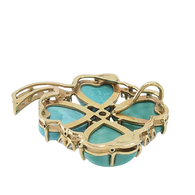 Vintage 14k Gold Turquoise Heart Clover Pendant with Diamonds - 8