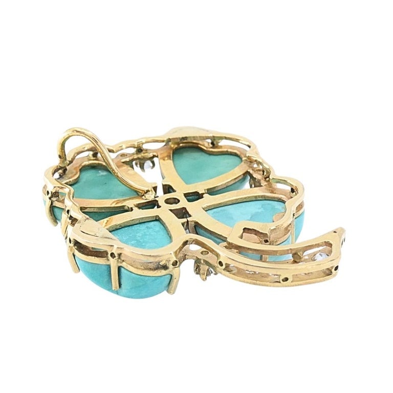 Vintage 14k Gold Turquoise Heart Clover Pendant with Diamonds - 9