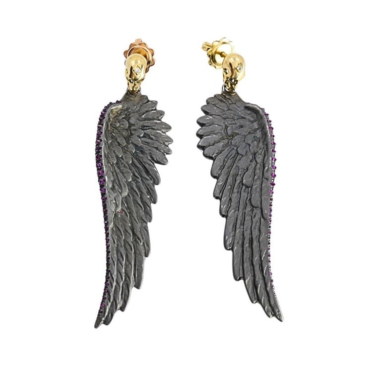 Theodoros 18k Gold & Sterling Silver Ruby Wing Skull Earrings - 5