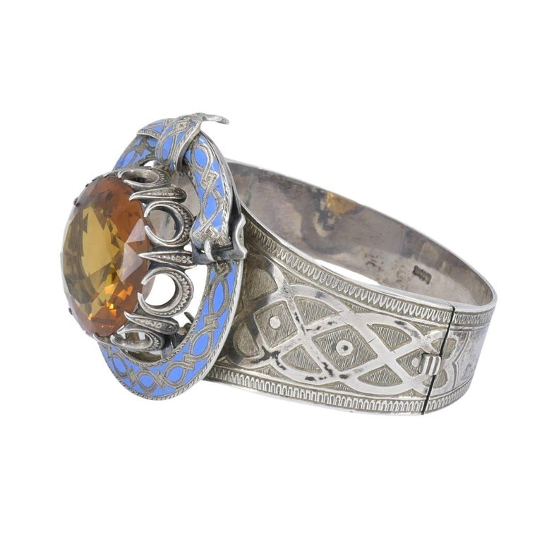 Antique Victorian Mackay Scottish Silver Blue Enamel Citrine Hinged Bracelet - 11