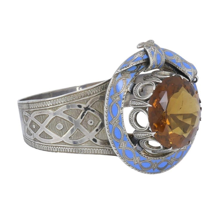 Antique Victorian Mackay Scottish Silver Blue Enamel Citrine Hinged Bracelet - 5