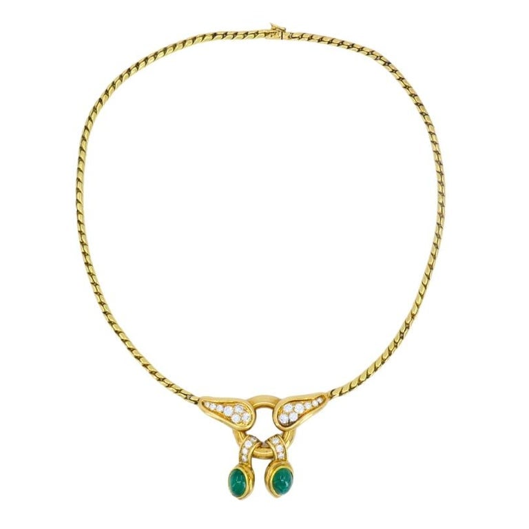 Vintage Rene Boivin 18k Gold Necklace Diamond Cabochon Emerald Estate Jewelry - 2