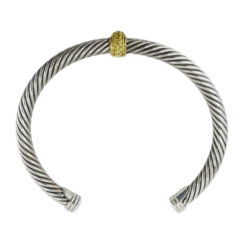 David Yurman 18k Gold Sterling Silver Sapphire Station Cable Cuff Bracelet - 2