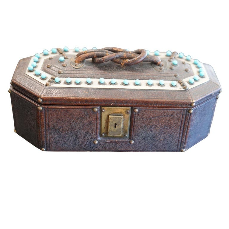 Antique Victorian Leather Wooden Keepsake Novelty Jewelry Box - 2