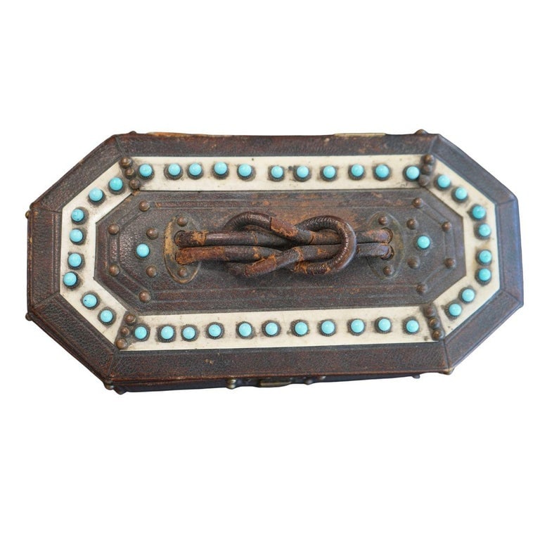 Antique Victorian Leather Wooden Keepsake Novelty Jewelry Box - 3