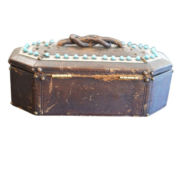 Antique Victorian Leather Wooden Keepsake Novelty Jewelry Box - 5
