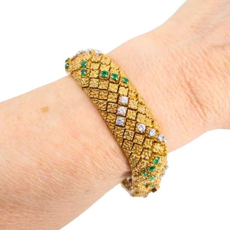 French 18k Gold Platinum Emerald Diamond Bracelet Vintage Jewelry - 2
