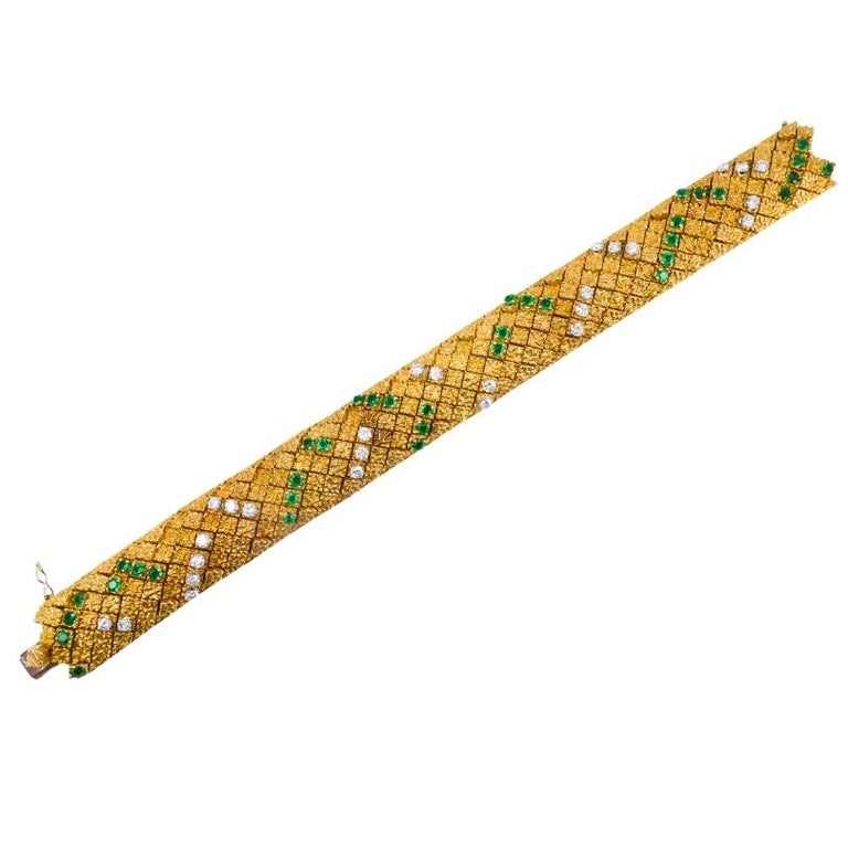 French 18k Gold Platinum Emerald Diamond Bracelet Vintage Jewelry - 4
