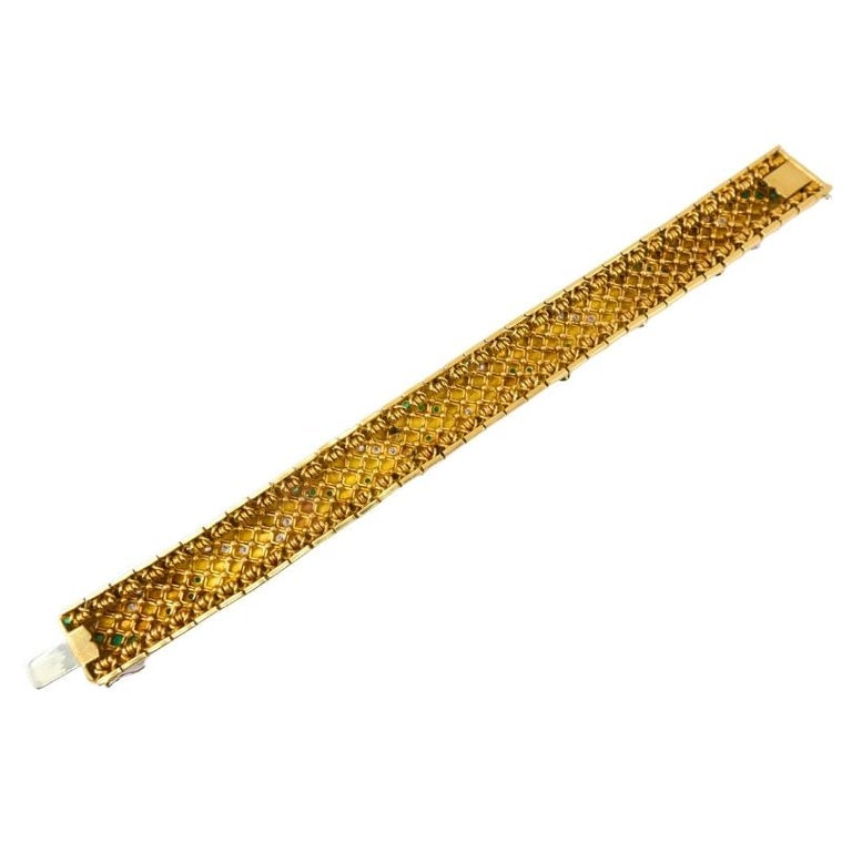 French 18k Gold Platinum Emerald Diamond Bracelet Vintage Jewelry - 6