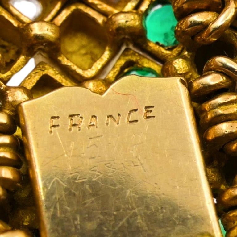 French 18k Gold Platinum Emerald Diamond Bracelet Vintage Jewelry - 7