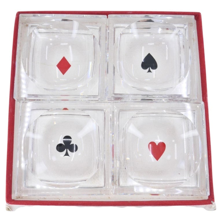 Baccarat France Crystal Glass Playing Card Trinket Ash Trays: 4 square crystal ashtrays or trinket trays from Maison Baccarat. Decorated with the colors of a deck of cards. Each measuring 2 3/8". They are presented in their original box with some wear to the box