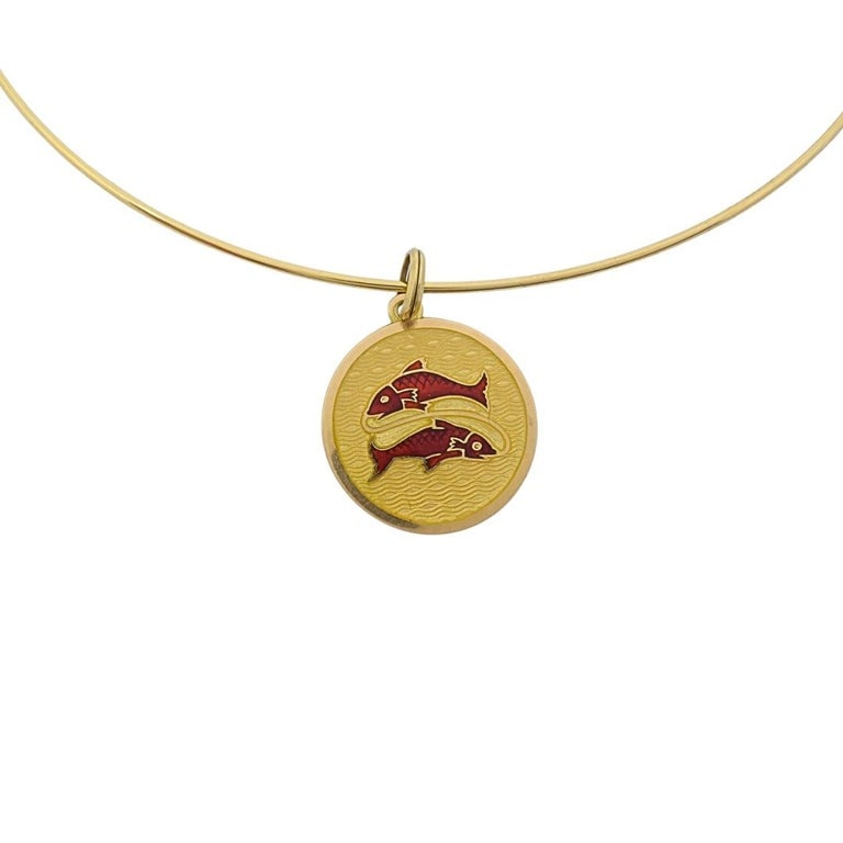Vintage 18k Gold Red Enamel Pisces Zodiac Medallion Pendant Necklace - 3