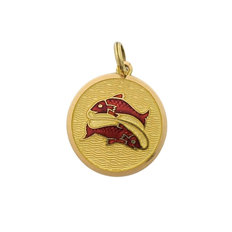Vintage 18k Gold Red Enamel Pisces Zodiac Medallion Pendant Necklace - 5