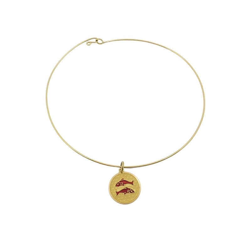 Vintage 18k Gold Red Enamel Pisces Zodiac Medallion Pendant Necklace - 8