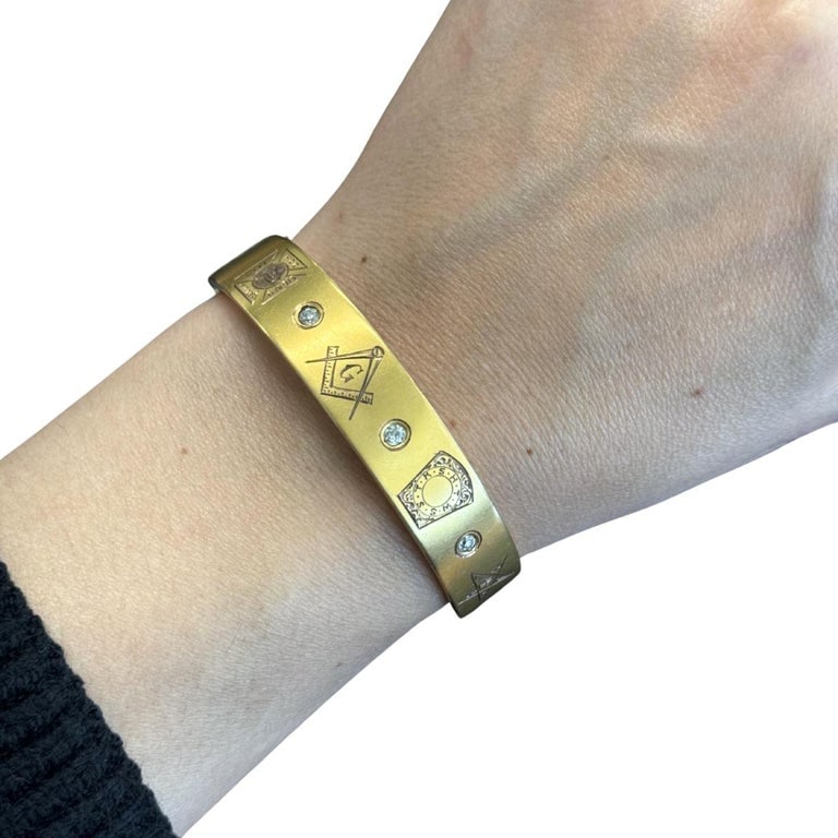 Vintage 10k Gold Masonic Diamond Bracelet Freemason Hinged Bangle - 11