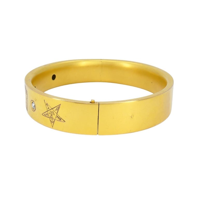 Vintage 10k Gold Masonic Diamond Bracelet Freemason Hinged Bangle - 3