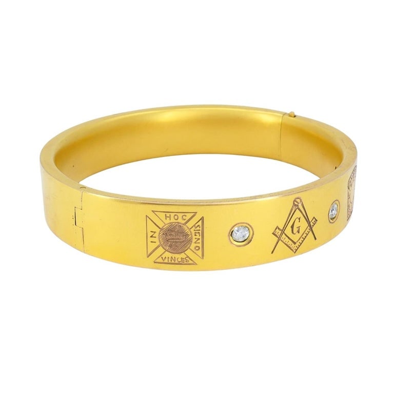 Vintage 10k Gold Masonic Diamond Bracelet Freemason Hinged Bangle - 6