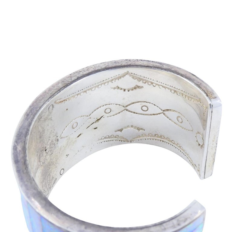 Vintage Sterling Silver Opal Inlay Cuff Bracelet, Signed JLS - 10