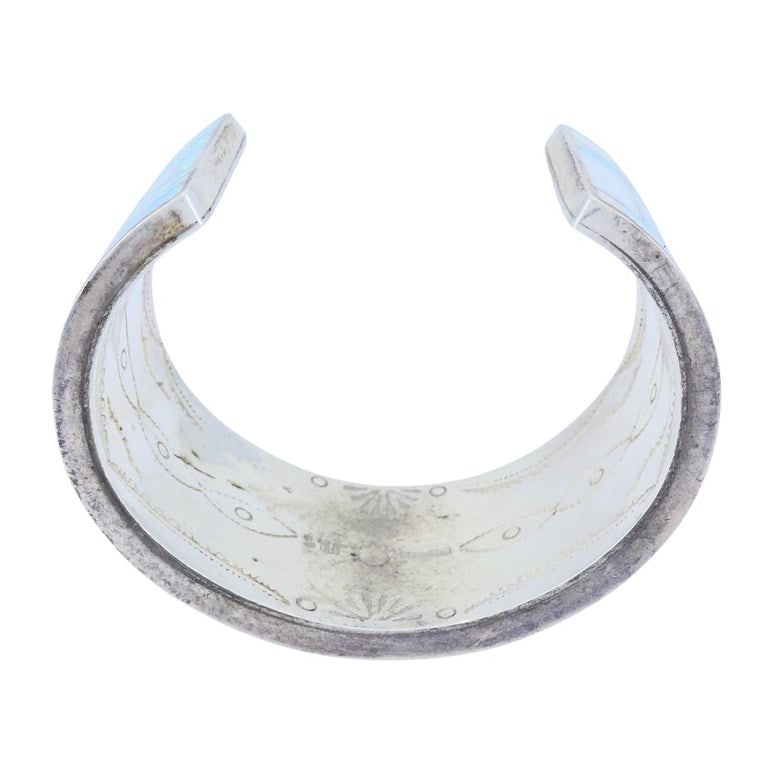 Vintage Sterling Silver Opal Inlay Cuff Bracelet, Signed JLS - 11
