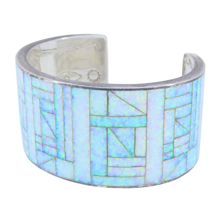 Vintage Sterling Silver Opal Inlay Cuff Bracelet, Signed JLS - 3