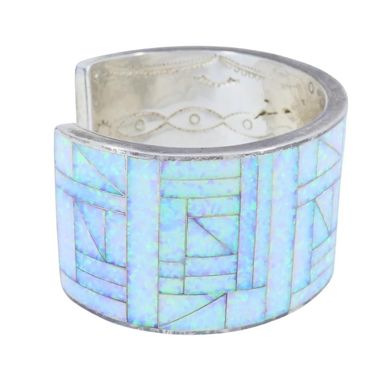 Vintage Sterling Silver Opal Inlay Cuff Bracelet, Signed JLS - 4
