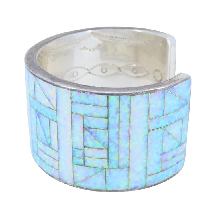 Vintage Sterling Silver Opal Inlay Cuff Bracelet, Signed JLS - 5