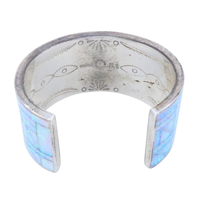 Vintage Sterling Silver Opal Inlay Cuff Bracelet, Signed JLS - 8