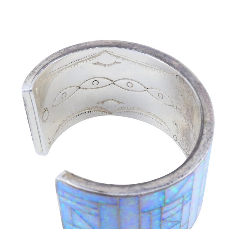 Vintage Sterling Silver Opal Inlay Cuff Bracelet, Signed JLS - 9