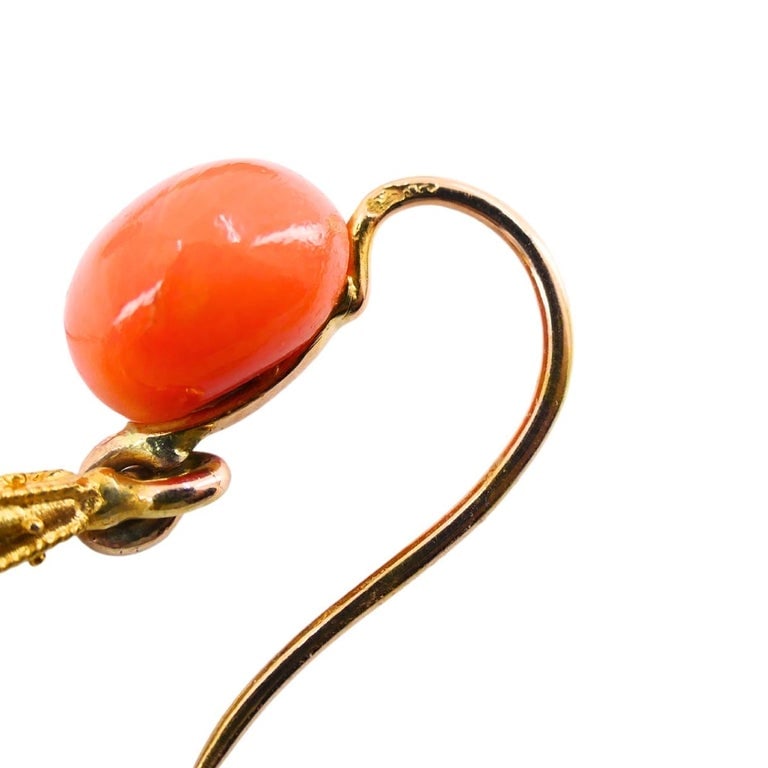 Victorian French 18k Yellow Gold Coral Drop Earrings - 10