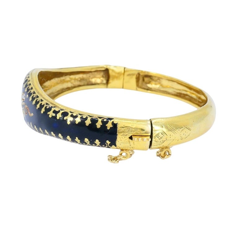 Victorian 14k Enamel Diamond Grape Motif Hinge Bracelet - 6