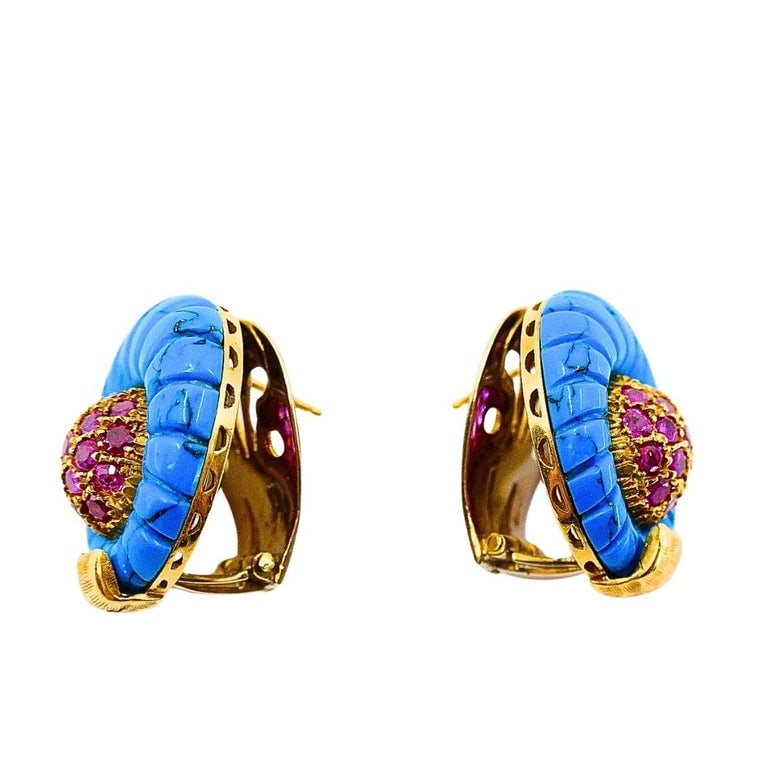 Vintage 18k Gold Carved Turquoise Pave Ruby Dome Stud Earrings - 4